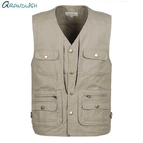 Grandwish 100% Cotton Multi Pocket Vest Men Summer  New Male Sleeveless Jacket Mens Photographer Baggy Waistcoat ,DA746 ► Photo 1/6