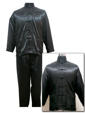 Black Chinese Style Men's Satin Pajamas Set Novelty Button Pyjamas Suit Casual Sleepwear Long Sleeve Shirt&Pant S M L XL XXL ► Photo 1/5