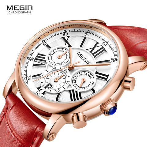 Megir 24 Hours Display Chronograph Analogue Quartz Watch for Lady Girl Women's Fashion Waterproof Red Leather Strap Wristwatch ► Photo 1/6