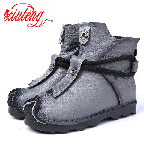 Xiuteng New Genuine Leather High Quality Ankle Boots Fashion Women's Boots New Short Boot Winter Purple Gray Flats Boots Women ► Photo 1/6