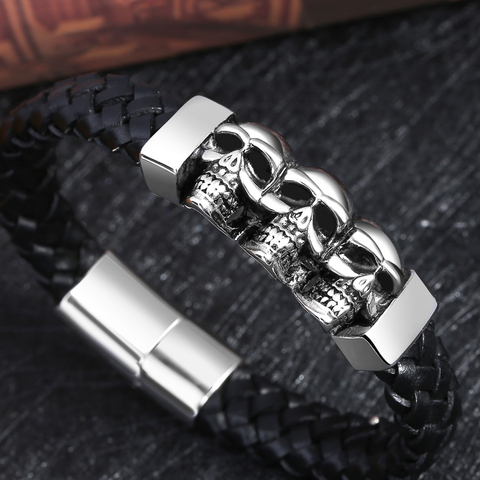 Stainless Steel Leather Bracelets & Bangles Double Black Layers Cowhide Braid Rope Gothic Skull Skeleton Men Jewelry 205mm ► Photo 1/5