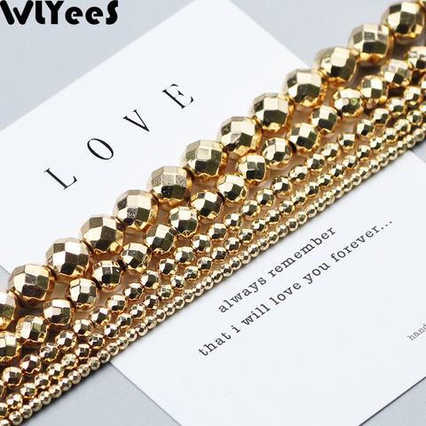 WLYeeS Faceted Round Hematite beads 14 Gold plating natural stone 2 4 6 8 10mm charm Loose Beads for Jewelry Bracelet Making DIY ► Photo 1/6