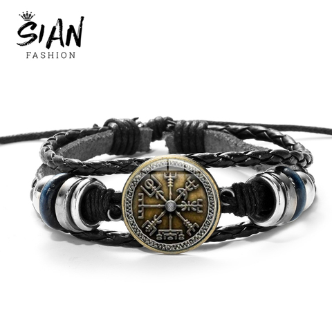 SIAN Viking Compass Multilayer Wood Bead Bracelet Men Casual Fashion Braided Leather Bracelets Bangles Retro Punk Wrap Wristband ► Photo 1/6