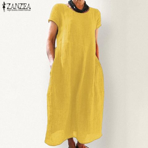 Casual Linen Midi Dress Women's Summer Sundress ZANZEA 2022 Vintage Short Sleeve Tunic Vestidos Female Pleated Party Robe Femme ► Photo 1/6