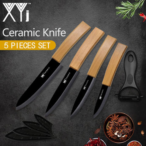 XYj Bamboo Handle Kitchen Knife Cooking Accessories Black Blade Ceramic Knife Cooking Kitchen Tools Set 3