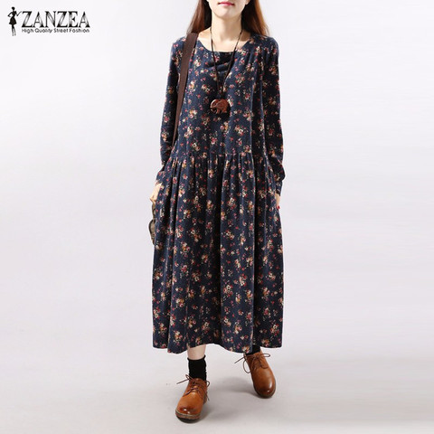 Dresses 2022 Autumn ZANZEA Women Vintage Floral Print Dress Long Sleeve O Neck Pockets Loose Casual Mid-calf Vestidos Plus Size ► Photo 1/6