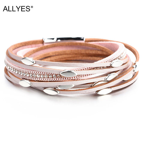 ALLYES Leaf Charm Pink Leather Bracelets for Women 2022 Fashion Crystal Chain Boho Multilayer Wrap Bracelet Femme Jewelry ► Photo 1/6