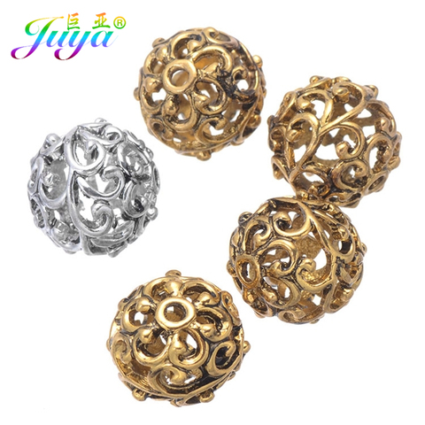 Juya 10pcs/lot Wholesale 12mm Engrave Beads Hollow Antique Gold Silver Color Metal Beads For Women Men Beadwork Jewelry Making ► Photo 1/6
