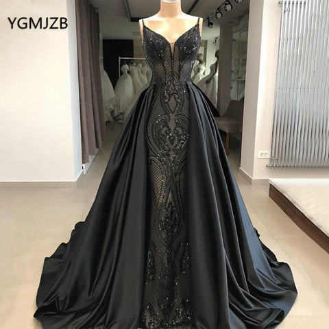 Black Elegent Sequined Evening Dresses Long 2022 Mermaid with Detachable Skirt Saudi Arabic Women Formal  Prom Dress Party Gowns ► Photo 1/4