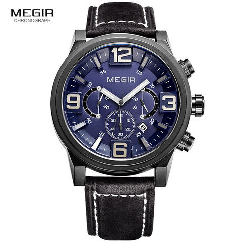MEGIR new fashion casual quartz watch men large dial waterproof chronograph releather wrist watch relojes free shipping 3010 ► Photo 1/1