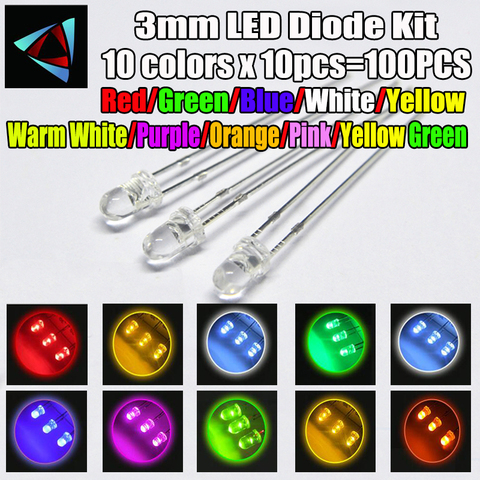 100pcs (10 colors x 10pcs) 3mm LED Diode Kit 3 mm 3V Set Light Emitting Warm White Green Red Blue Yellow Orange Purple UV Pink ► Photo 1/1