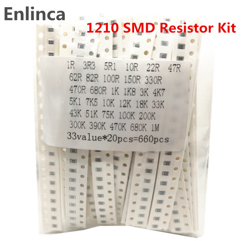 660Pcs 33values 1210 SMD Resistor Kit Assorted Kit 1ohm-1M ohm 1% 33valuesX 20pcs Sample Kit ► Photo 1/1