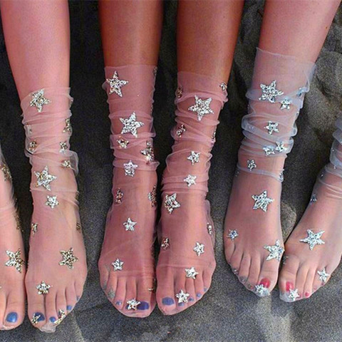Fashion Women Harajuku Fishnet Socks Glitter Stars Socks Ladies Transparent Mesh Fishnet Socks Hosiery Socks ► Photo 1/6