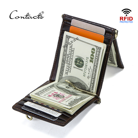 CONTACT'S Crazy Horse cowhide leather RFID money clip slim card wallet trifold male cash clamp man cash holder zip coin pocket ► Photo 1/6
