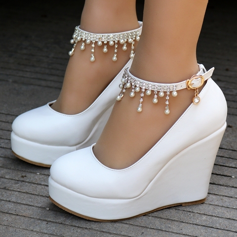Crystal Queen Ankle Strap Platform Wedge Shoes Women Pump High Heels  Sapato Feminino Dress  Shoes ► Photo 1/6
