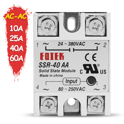 10A 25A 40A 60A AC-AC Single Phase Solid State Relay AC SSR SSR-10AA SSR-25AA SSR-40AA SSR-60AA 80-250VAC 220V TO 24-380V AC ► Photo 1/6