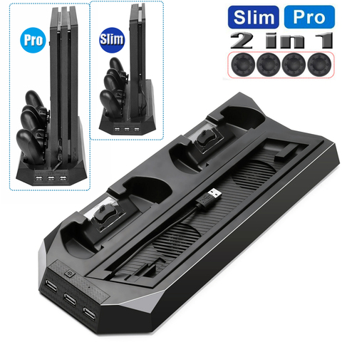 PS4 Slim/PRO 2 in 1 Vertical Cooling Stand with Dual Joypad Charging Station & 3 HUB Port 4 Caps for Sony PlayStation 4 PS4 Slim ► Photo 1/6