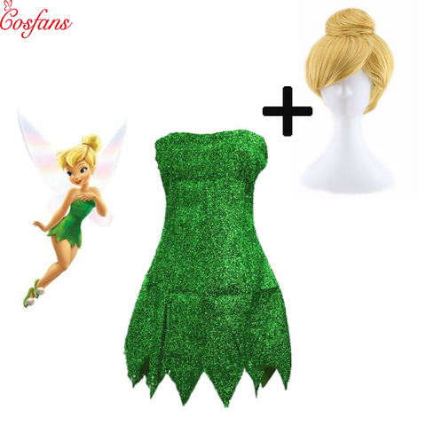 2022 New Pixie Fairy Cosplay Costume Tinker Bell Green adult Dress Tinkerbell Halloween Party Sexy Cosplay Mini Dresses With Wig ► Photo 1/6