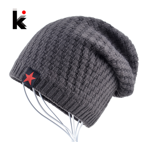 Mens hat winter skullies knitted wool hat plus velvet five-pointed star hip hop cap thicker bonnet beanies for men touca ► Photo 1/6