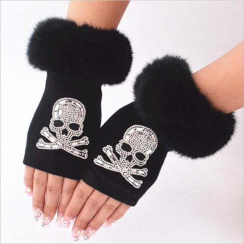 Women Cartoon Animals Fox Fingerless Dance Gloves Winter Warm Short Plush Diamonds Sequins Skull Fingerless Knitted Gloves G102 ► Photo 1/2