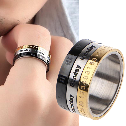 8mm Stainless Steel Cool Punk Spinner Male Date Time Calendar Rings Creative Rotatable 3 Part Roman Numerals Ring Mens Jewelry ► Photo 1/6