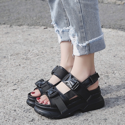Women Summer Wedge Heel Roman Gladiator Sandals Black Leather Peep Toe Shoes #