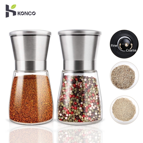KONCO 2Pcs Salt Pepper Mill Grinder Shakers, Stainless Steel Pepper Spice Mills Set with Adjustable Ceramic with Glass Body ► Photo 1/6