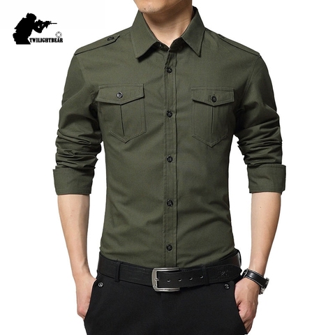 New Men's Casual Shirts Long Sleeve Military Double Pocket  100% Cotton Linen Shirt Men Chemise Homme Fit Slim 4XL AE6620 ► Photo 1/1