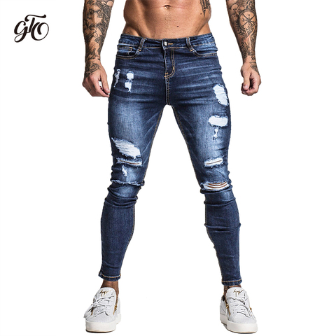 Gingtto Men's Skinny Stretch Repaired Jeans Dark Blue Hip Hop Distressed Super Skinny Slim Fit Cotton Comfortable Big Size zm34 ► Photo 1/6