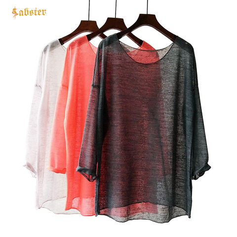 New Fashion Linen Cotton Loose Knitted Sweater Long Sleeve Blouses Casual O-neck Women Tops Transparent Blouse Shirt XZ191 ► Photo 1/6