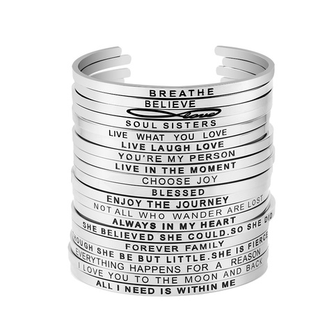 inspirational cuff bangle for girls women 316L stainless steel engraved 74 positive phrases mantra bracelet jewelry ► Photo 1/6