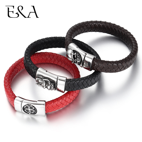 Men's Punk Jewelry Braided Leather Bracelet Brown Black Red Stainless Steel 3D Skull Magnet Clasp for Man Handmade Woven Bangle ► Photo 1/6