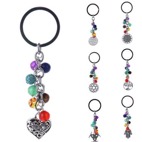 DIEZI 8mm Fashion Multicolor Yoga Healing Natural Stone 7 Chakra Pray Keychain Car Key Chain Ring Owl Heart Pendant For Bag ► Photo 1/6