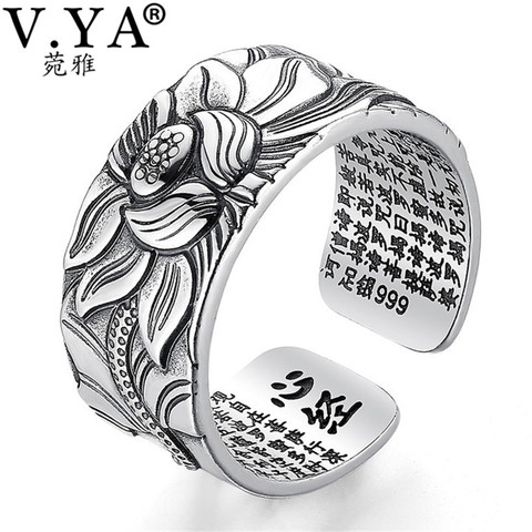 V.YA 100% Real 999 Pure Silver Jewelry Lotus Flower Open Ring For Men Male Fashion Free Size Buddhistic Heart Sutra Rings Gifts ► Photo 1/5