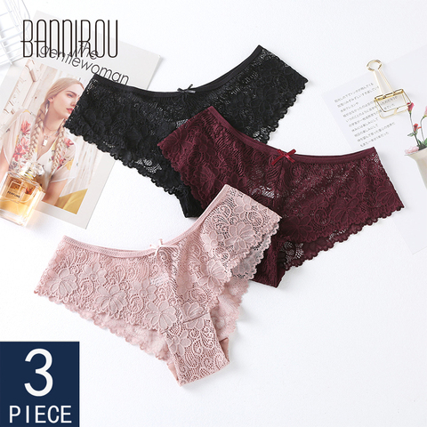 BANNIROU Women's Underwear Panties Underwear Sexy Lace Bow Breathable Female Transparent Briefs High Quality 3 Pcs Free Shipping ► Photo 1/6