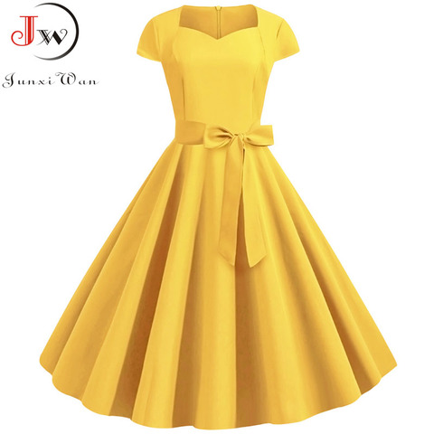 Summer Solid Yellow Color 50s 60s Vintage Dress Women Short Sleeve Square Collar Elegant Office Party Midi Dresses Belt ► Photo 1/6