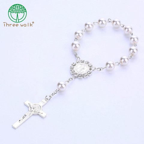 Imitation Pearl Beads Catholic Rosary Catholic Holy Communion silver color Wings Crucifix Pendants Bracelet nice gift ► Photo 1/6