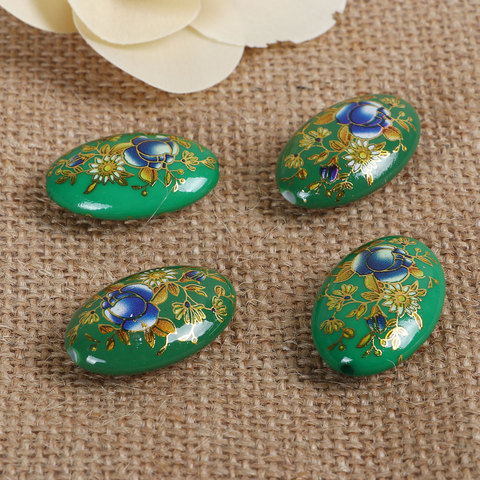 Acrylic Spacer Japan Painting Vintage Japanese Tensha Beads Oval Green & Blue Rose Flower Pattern About 29mm x 20mm, 3 PCs ► Photo 1/6