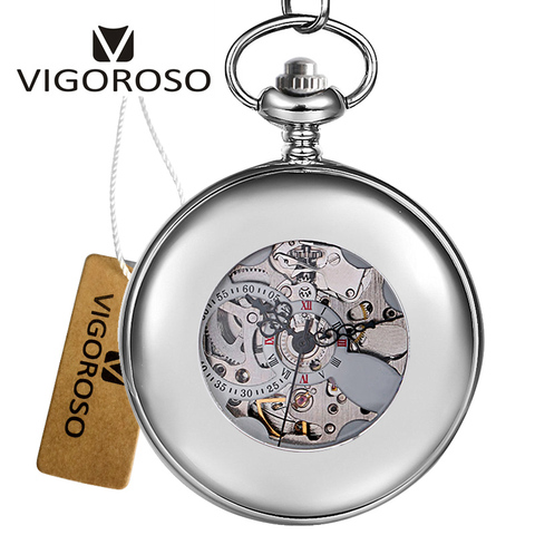 VIGOROSO Mechanical Hand Winding Silver Steel Half Hunter Roman numerals Skeleton Watch FOB Chain Clock Pendant Pocket Watch New ► Photo 1/6
