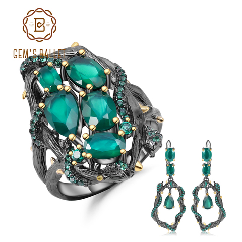 GEM'S BALLET Real 925 Sterling Silver Handmade Ring Earrings Sets For Women Natural Green Agate Gemstone Vintage Jewelry Set ► Photo 1/6
