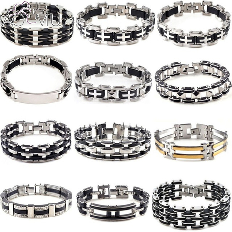 AOMU Men Stainless Steel Link Chain Bracelets & Bangles Men's Cuff  Wristband Biker Motorcycle Black Silicone Bracelet ► Photo 1/6