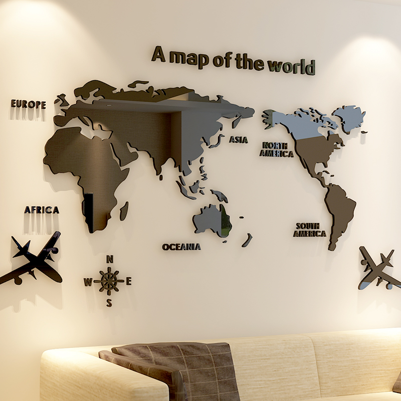 Sofa Background PVC Wall StickersRemovable World Map Black Travel Living Room