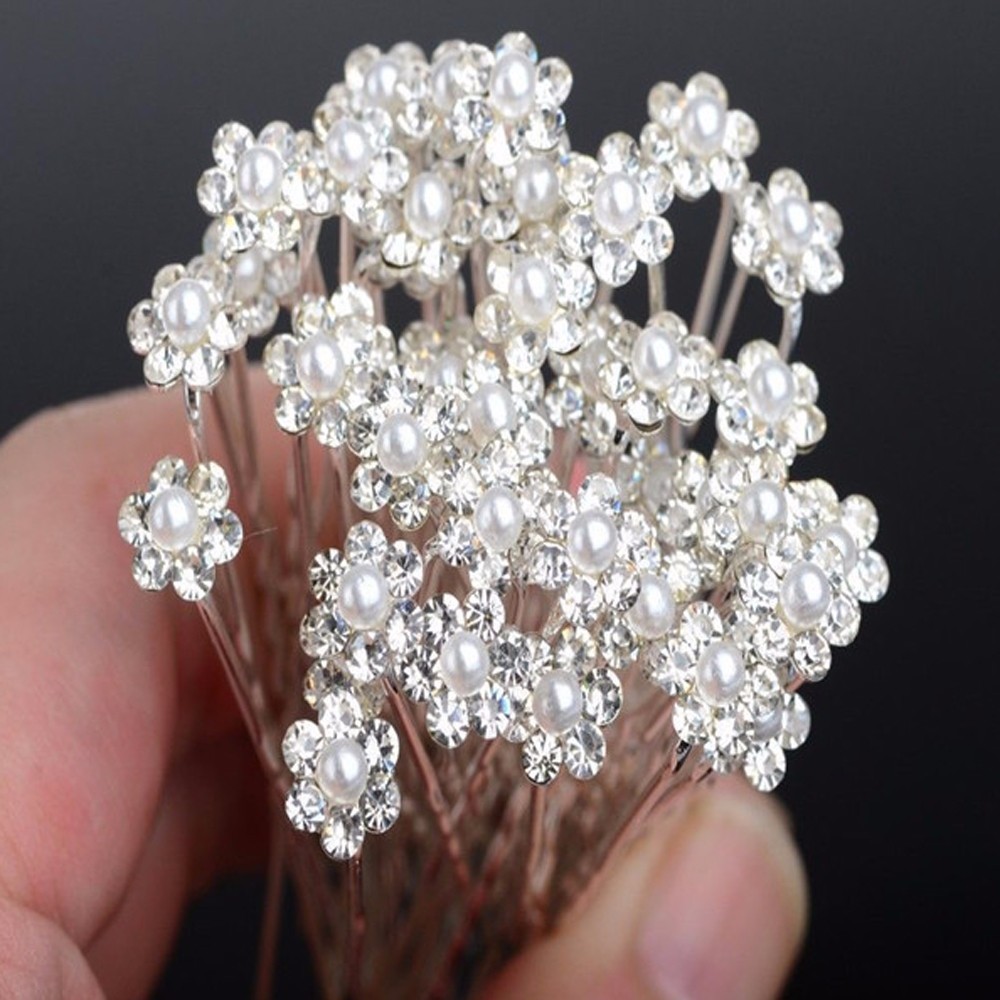 20pcs Bridal Wedding Flower Crystal Diamante Rhinestones Pearls Hair U Clip Pins 