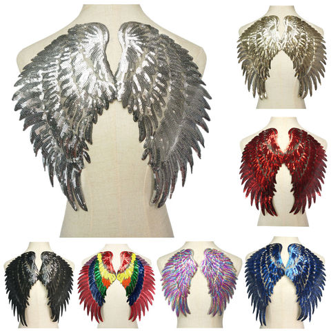 2PCS Gold Silver Rainbow Sequin Feather Angel Wings Sew Iron on Patches 33CM For Dress Jeans Shirt DIY Appliques Decoration ► Photo 1/6