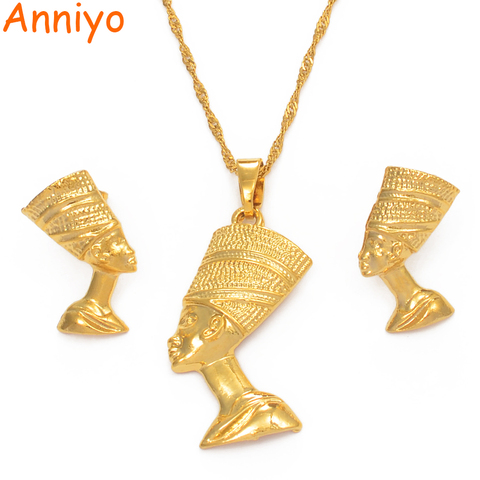 Anniyo Egyptian Queen Nefertiti Pendant Necklace & Earrings Sets Jewelry Gold Color Wholesale Gold Jewellery Gifts #010006 ► Photo 1/6
