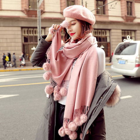 Warm Winter Wool Cashmere  Pom Scarf Pink Thick With Rabbit Fur Ball Pashmina  Large Stole Lady Wrap Shawl Oversize Blanket ► Photo 1/6