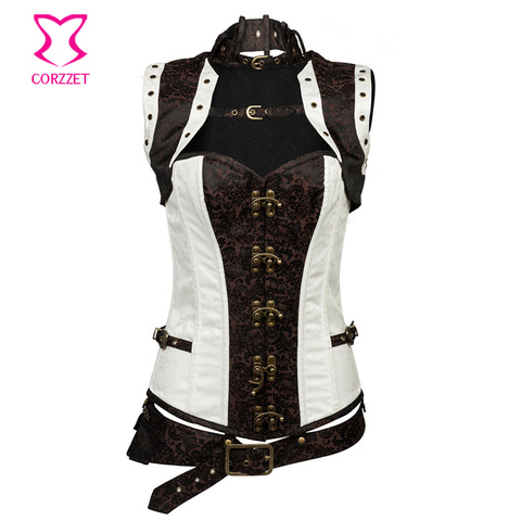 Corzzet White Brocade Steampunk Leather Armor Overbust Corset And Jacket Waist slimming Steel Boned Burlesque Gothic Corsets ► Photo 1/6