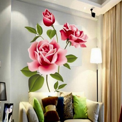 Romantic Love 3D Rose Flower Blossom Wall Stickers Furnishings  Living Room TV Decoration Wall Sticker Home Decor Decal Art ► Photo 1/4
