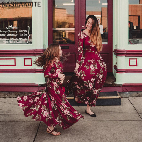 NASHAKAITE Mom and daughter dress Wine Floral Party Long Dress Mother Daughter Dresses Mom and daughter matching clothes ► Photo 1/6