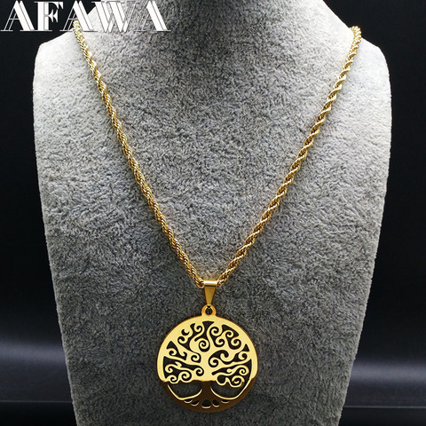 2022 Fashion Tree of Life Stainless Steel Necklaces Women Jewlery Gold Color Round Long Necklaces Jewelry collares joyas N18042 ► Photo 1/1